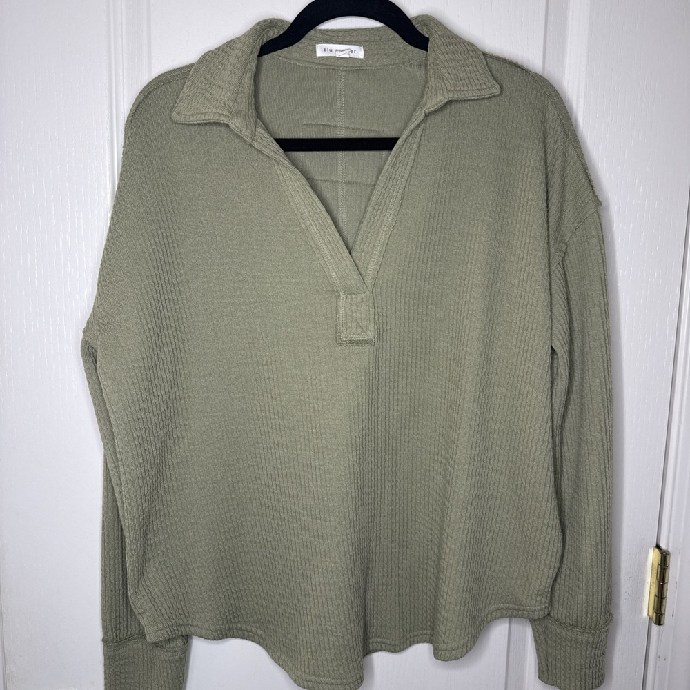 Blu Pepper Olive Green Collared Knit Pullover Top Size L Long Sleeve Boho